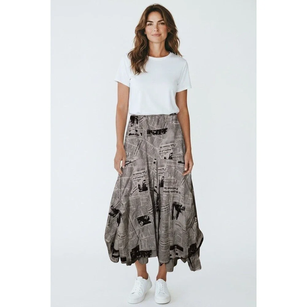 IC By Connie Xl Newspaper Print Pleated Skirt Bows Asymmetrical Boho Urban Chic
